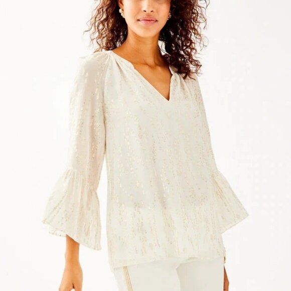 Lilly Pulitzer Tops - LILLY PULITZER Matilda Silk Blouse Metallic Gold Fish Clip Coconut Chiffon Small